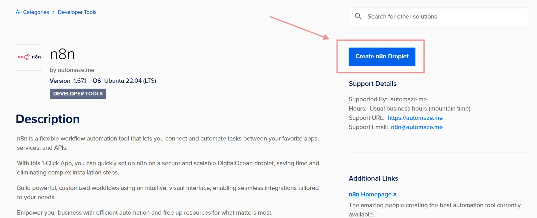 Screenshot of n8n one-click app in DigitalOcean Marketplace