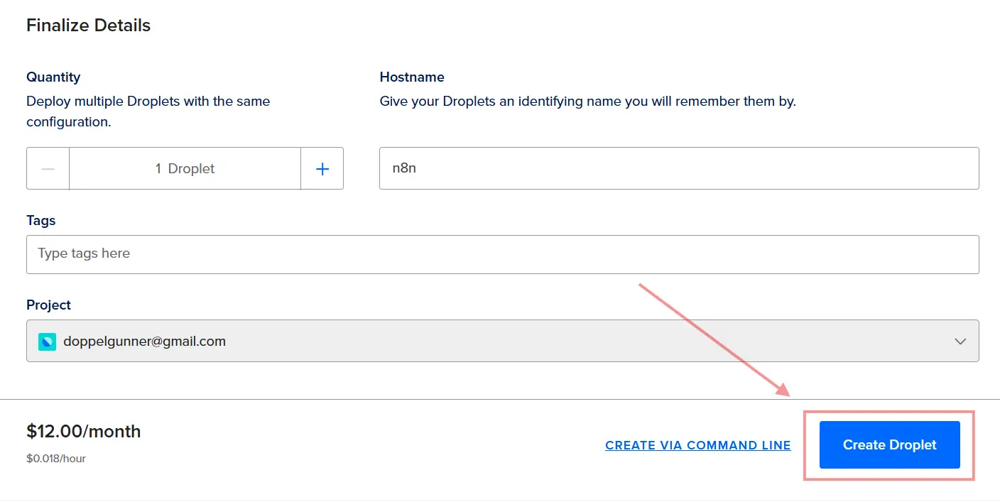 Screenshot of configuring your n8n droplet