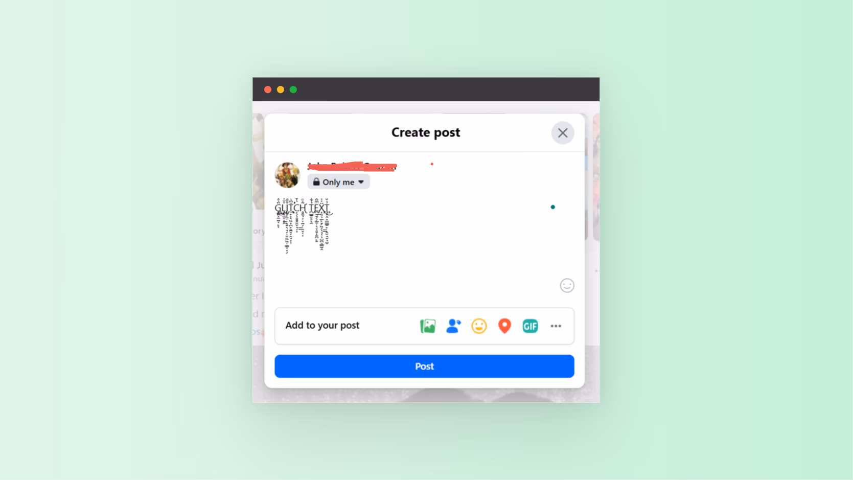 Screenshot of glitch text generator when used on facebook