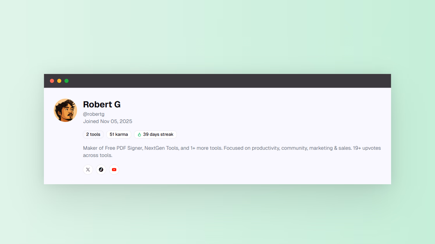 Screenshot of user page of nxgntools.com