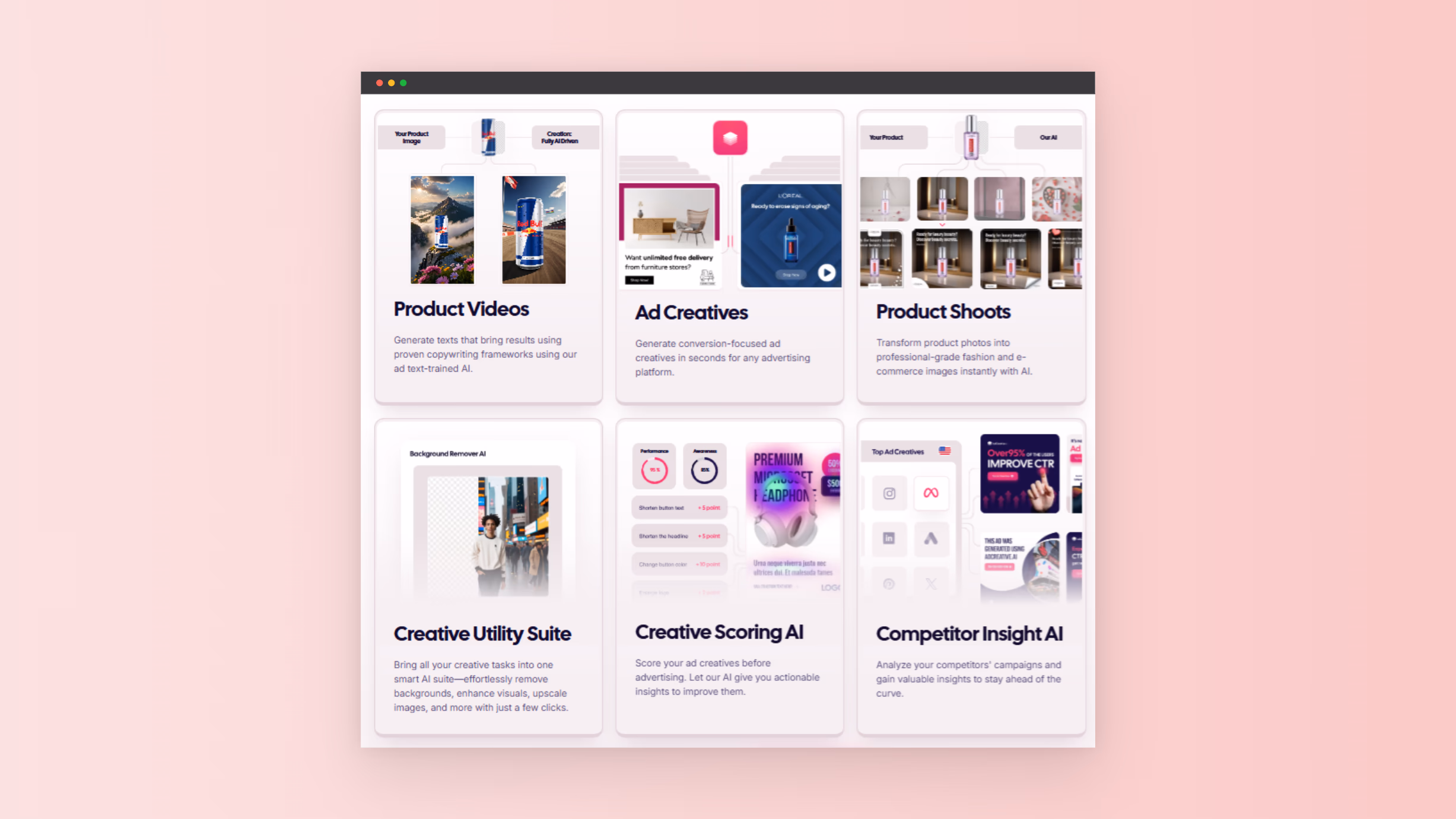 Interface of AdCreative.ai showing generated ad banners with conversion scores